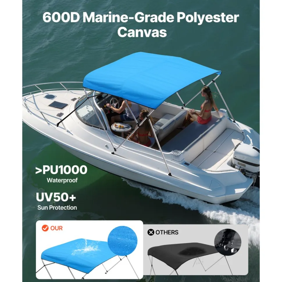 VEVOR 3 Bow Boat Bimini Tops, 600D Polyester Canopy with Aluminum Alloy Frame, Waterproof & Sun Shade Boat Awning Canopy with Storage Bag, 2 Support Poles, 4 Straps, 72"Lx(85"-90")Wx46"H, Pacific Blue