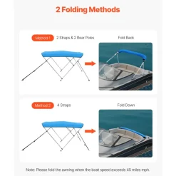VEVOR 3 Bow Boat Bimini Tops, 600D Polyester Canopy with Aluminum Alloy Frame, Waterproof & Sun Shade Boat Awning Canopy with Storage Bag, 2 Support Poles, 4 Straps, 72