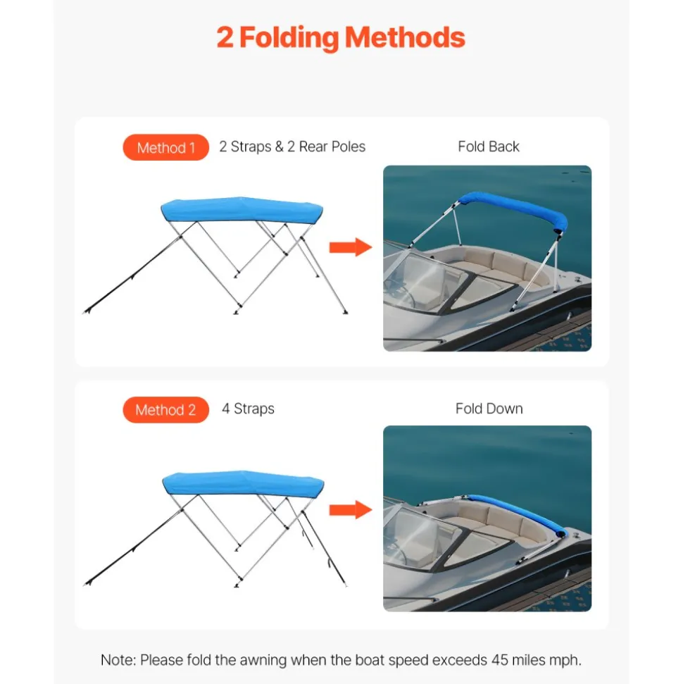 VEVOR 3 Bow Boat Bimini Tops, 600D Polyester Canopy with Aluminum Alloy Frame, Waterproof & Sun Shade Boat Awning Canopy with Storage Bag, 2 Support Poles, 4 Straps, 72"Lx(85"-90")Wx46"H, Pacific Blue