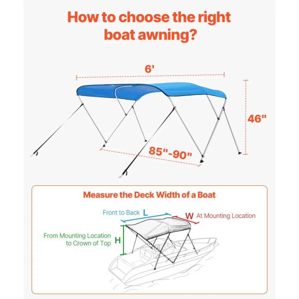 VEVOR 3 Bow Boat Bimini Tops, 600D Polyester Canopy with Aluminum Alloy Frame, Waterproof & Sun Shade Boat Awning Canopy with Storage Bag, 2 Support Poles, 4 Straps, 72"Lx(85"-90")Wx46"H, Pacific Blue