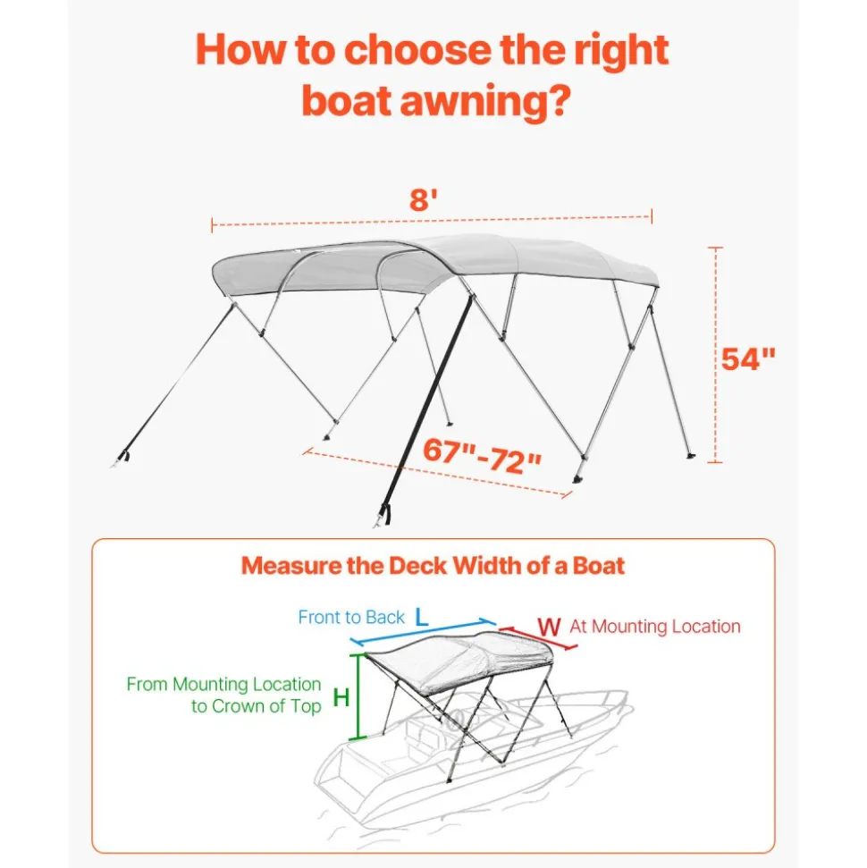 VEVOR 4 Bow Boat Bimini Tops, 600D Polyester Canopy with Aluminum Alloy Frame, Waterproof & Sun Shade Boat Awning Canopy with Storage Bag, 2 Support Poles, 4 Straps, 96"Lx(67"-72")Wx54"H, Light Grey