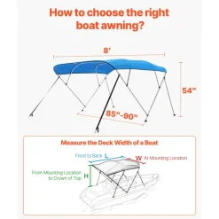 VEVOR 4 Bow Boat Bimini Tops, 600D Polyester Canopy with Aluminum Alloy Frame, Waterproof & Sun Shade Boat Awning Canopy with Storage Bag, 2 Support Poles, 4 Straps, 96