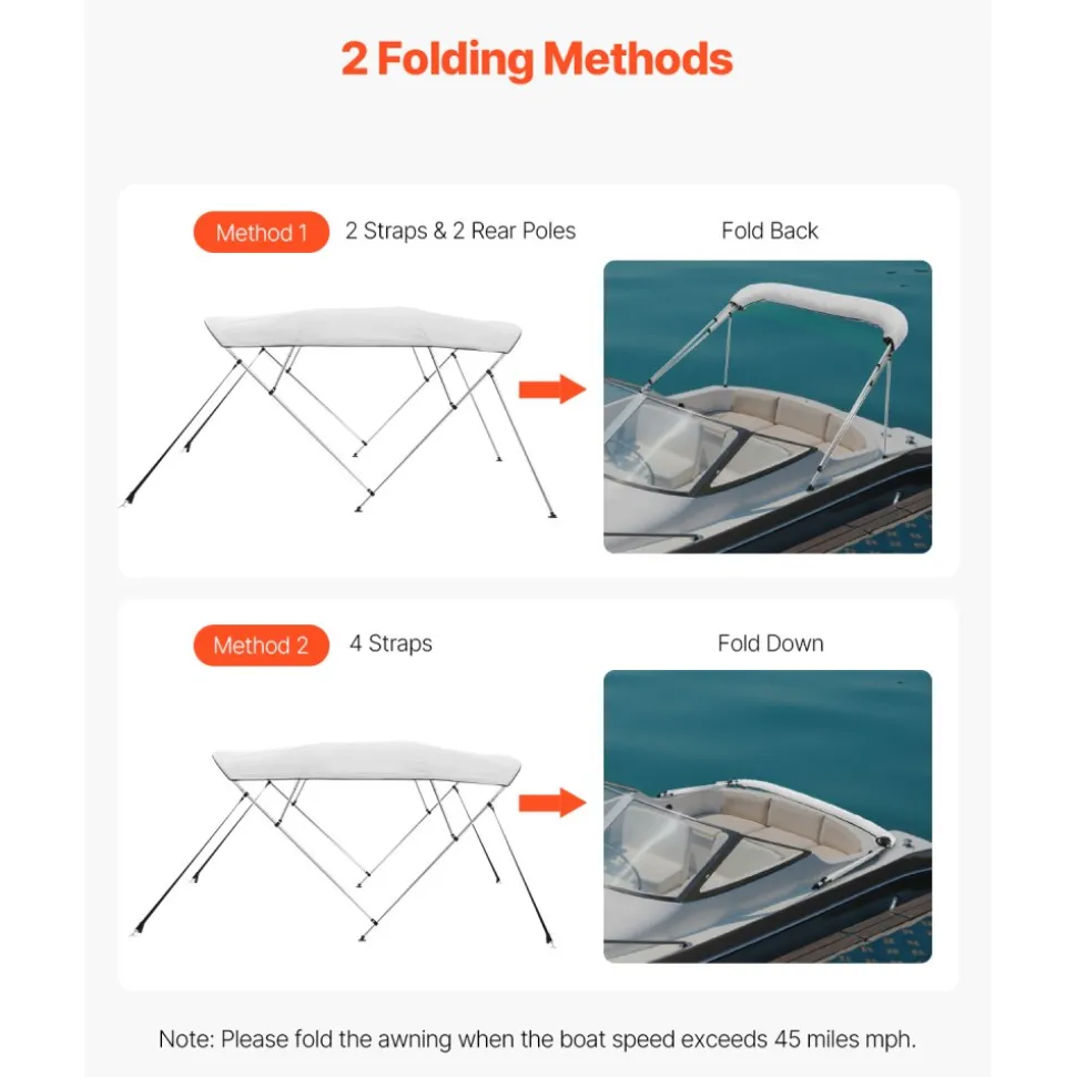 VEVOR 4 Bow Boat Bimini Tops, 600D Polyester Canopy with Aluminum Alloy Frame, Waterproof & Sun Shade Boat Awning Canopy with Storage Bag, 2 Support Poles, 4 Straps, 96"Lx(73"-78")Wx54"H, Light Grey