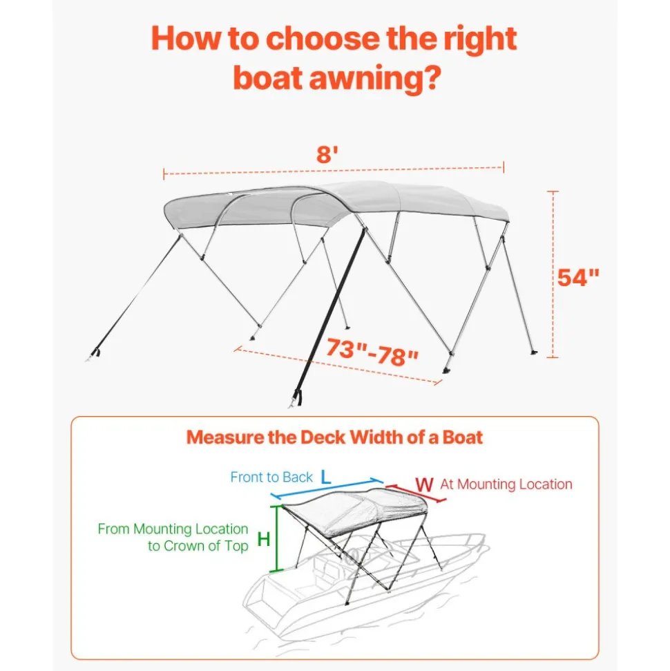 VEVOR 4 Bow Boat Bimini Tops, 600D Polyester Canopy with Aluminum Alloy Frame, Waterproof & Sun Shade Boat Awning Canopy with Storage Bag, 2 Support Poles, 4 Straps, 96"Lx(73"-78")Wx54"H, Light Grey