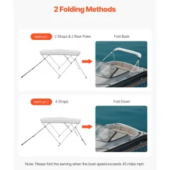 VEVOR 3 Bow Boat Bimini Tops, 600D Polyester Canopy with Aluminum Alloy Frame, Waterproof & Sun Shade Boat Awning Canopy with Storage Bag, 2 Support Poles, 4 Straps, 6'Lx(61