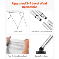 VEVOR 3 Bow Boat Bimini Tops, 600D Polyester Canopy with Aluminum Alloy Frame, Waterproof & Sun Shade Boat Awning Canopy with Storage Bag, 2 Support Poles, 4 Straps, 6'Lx(61
