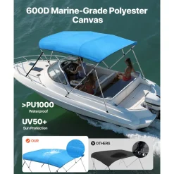 VEVOR 4 Bow Boat Bimini Tops, 600D Polyester Canopy with Aluminum Alloy Frame, Waterproof & Sun Shade Boat Awning Canopy with Storage Bag, 2 Support Poles, 4 Straps, 96"Lx(79"-84")Wx54"H, Pacific Blue