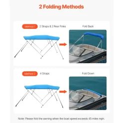 VEVOR 4 Bow Boat Bimini Tops, 600D Polyester Canopy with Aluminum Alloy Frame, Waterproof & Sun Shade Boat Awning Canopy with Storage Bag, 2 Support Poles, 4 Straps, 96