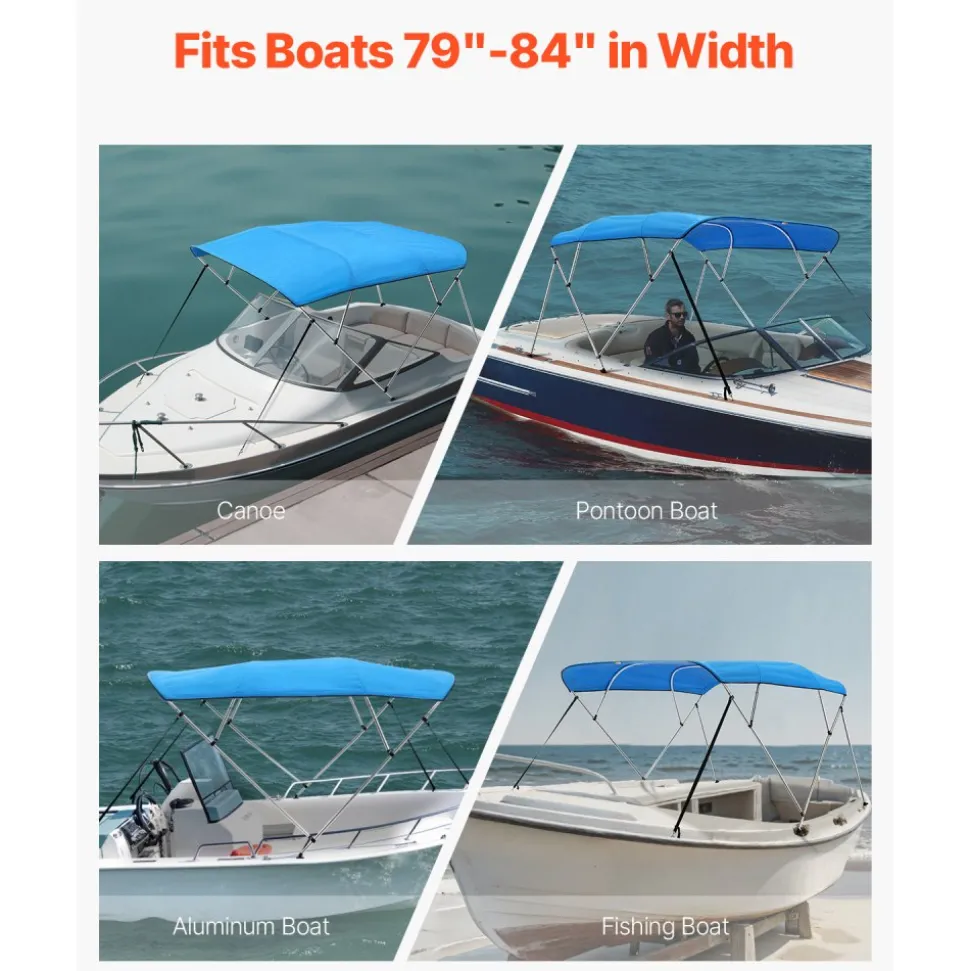 VEVOR 4 Bow Boat Bimini Tops, 600D Polyester Canopy with Aluminum Alloy Frame, Waterproof & Sun Shade Boat Awning Canopy with Storage Bag, 2 Support Poles, 4 Straps, 96"Lx(79"-84")Wx54"H, Pacific Blue