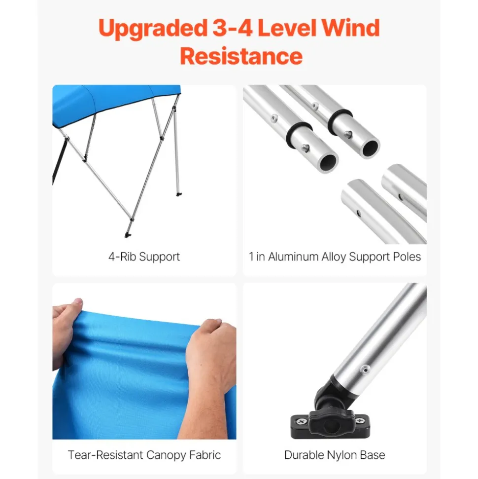 VEVOR 4 Bow Boat Bimini Tops, 600D Polyester Canopy with Aluminum Alloy Frame, Waterproof & Sun Shade Boat Awning Canopy with Storage Bag, 2 Support Poles, 4 Straps, 96"Lx(79"-84")Wx54"H, Pacific Blue
