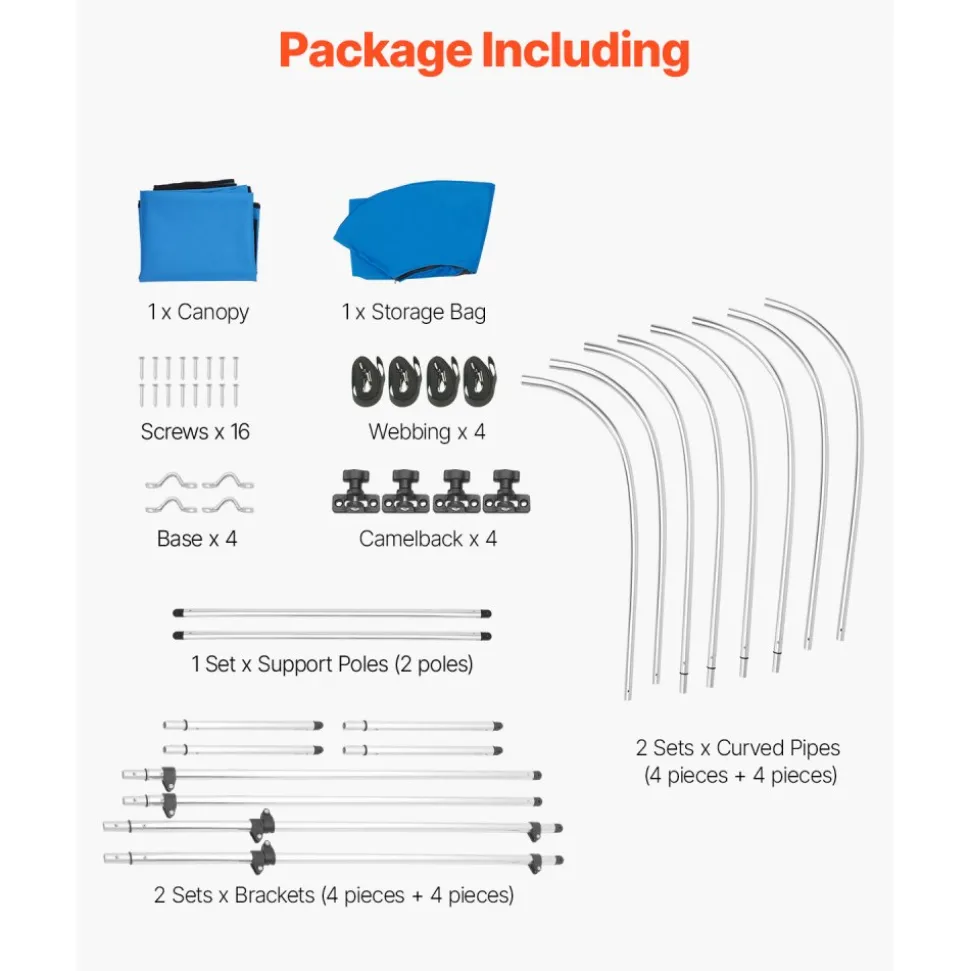 VEVOR 4 Bow Boat Bimini Tops, 600D Polyester Canopy with Aluminum Alloy Frame, Waterproof & Sun Shade Boat Awning Canopy with Storage Bag, 2 Support Poles, 4 Straps, 8'Lx(91"-96")Wx54"H, Light Grey