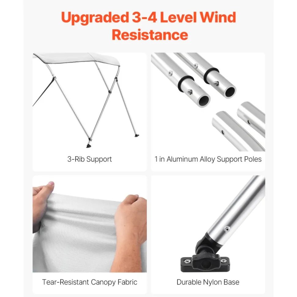 VEVOR 3 Bow Boat Bimini Tops, 600D Polyester Canopy with Aluminum Alloy Frame, Waterproof & Sun Shade Boat Awning Canopy with Storage Bag, 2 Support Poles, 4 Straps, 6'Lx(67"-72")Wx46"H, Light Grey