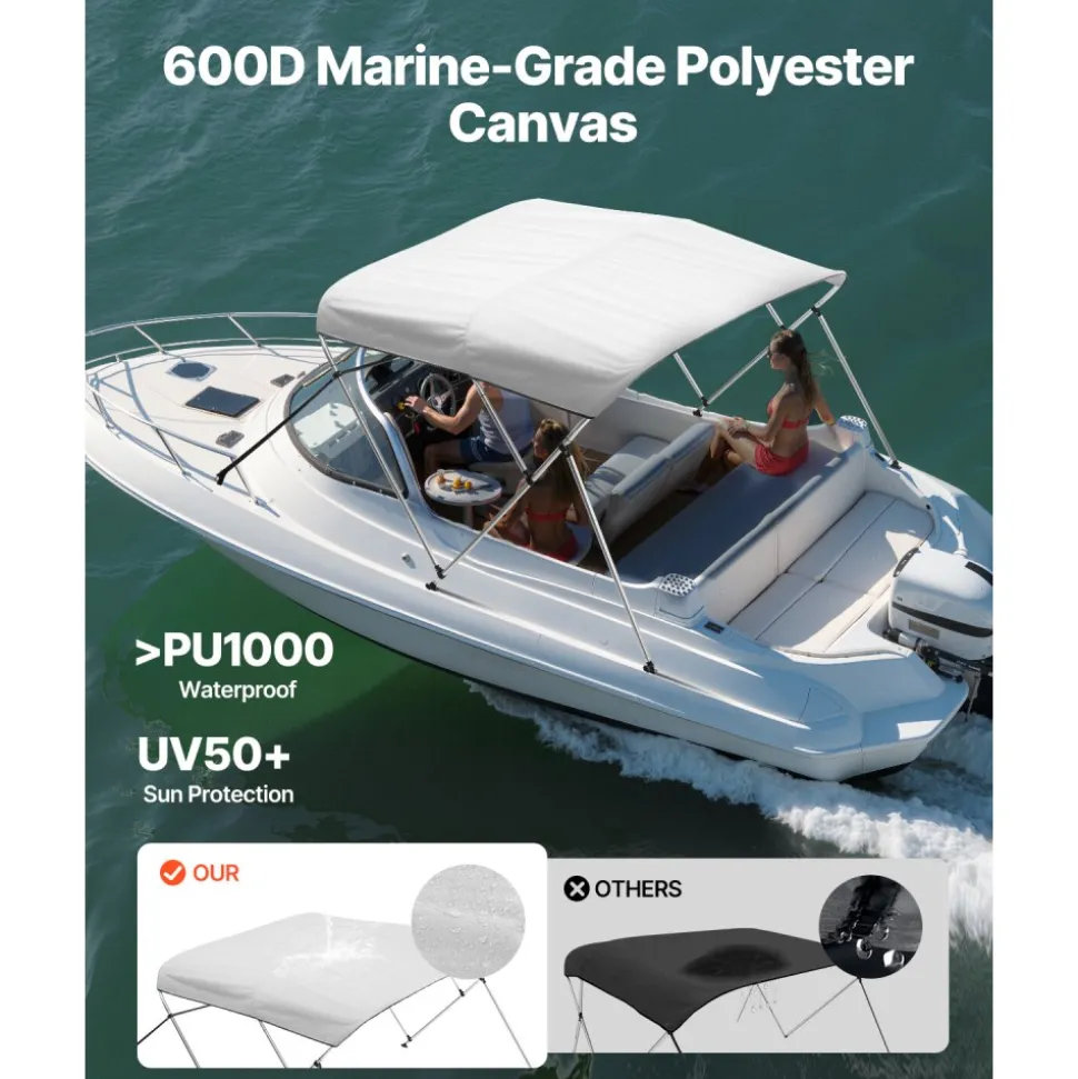 VEVOR 3 Bow Boat Bimini Tops, 600D Polyester Canopy with Aluminum Alloy Frame, Waterproof & Sun Shade Boat Awning Canopy with Storage Bag, 2 Support Poles, 4 Straps, 6'Lx(67"-72")Wx46"H, Light Grey