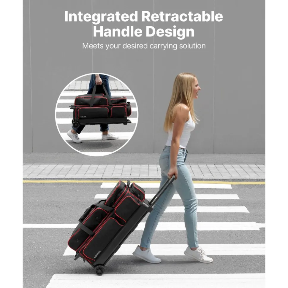 VEVOR Bowling Ball Bag, 3 Ball Double Roller Bowling Bag with Wheels, Featuring a Separate Compartment for Shoes (Up To US Size 16) & Oversized Accessory Pocket, Retractable Handle Extends to 41.34 in