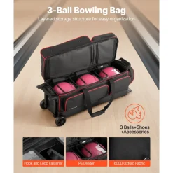 VEVOR Bowling Ball Bag, 3 Ball Double Roller Bowling Bag with Wheels, Featuring a Separate Compartment for Shoes (Up To US Size 16) & Oversized Accessory Pocket, Retractable Handle Extends to 41.34 in