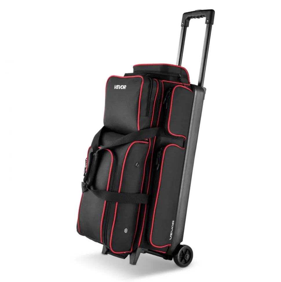 VEVOR Bowling Ball Bag, 3 Ball Double Roller Bowling Bag with Wheels, Featuring a Separate Compartment for Shoes (Up To US Size 16) & Oversized Accessory Pocket, Retractable Handle Extends to 41.34 in