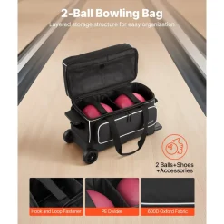VEVOR Bowling Ball Bag, 2 Ball Double Roller Bowling Bag with Wheels, Featuring a Separate Compartment for Shoes (Up To US Size 16) & Oversized Accessory Pocket, Retractable Handle Extends to 41.32 in