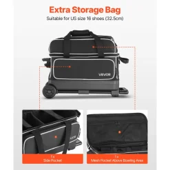 VEVOR Bowling Ball Bag, 2 Ball Double Roller Bowling Bag with Wheels, Featuring a Separate Compartment for Shoes (Up To US Size 16) & Oversized Accessory Pocket, Retractable Handle Extends to 41.32 in