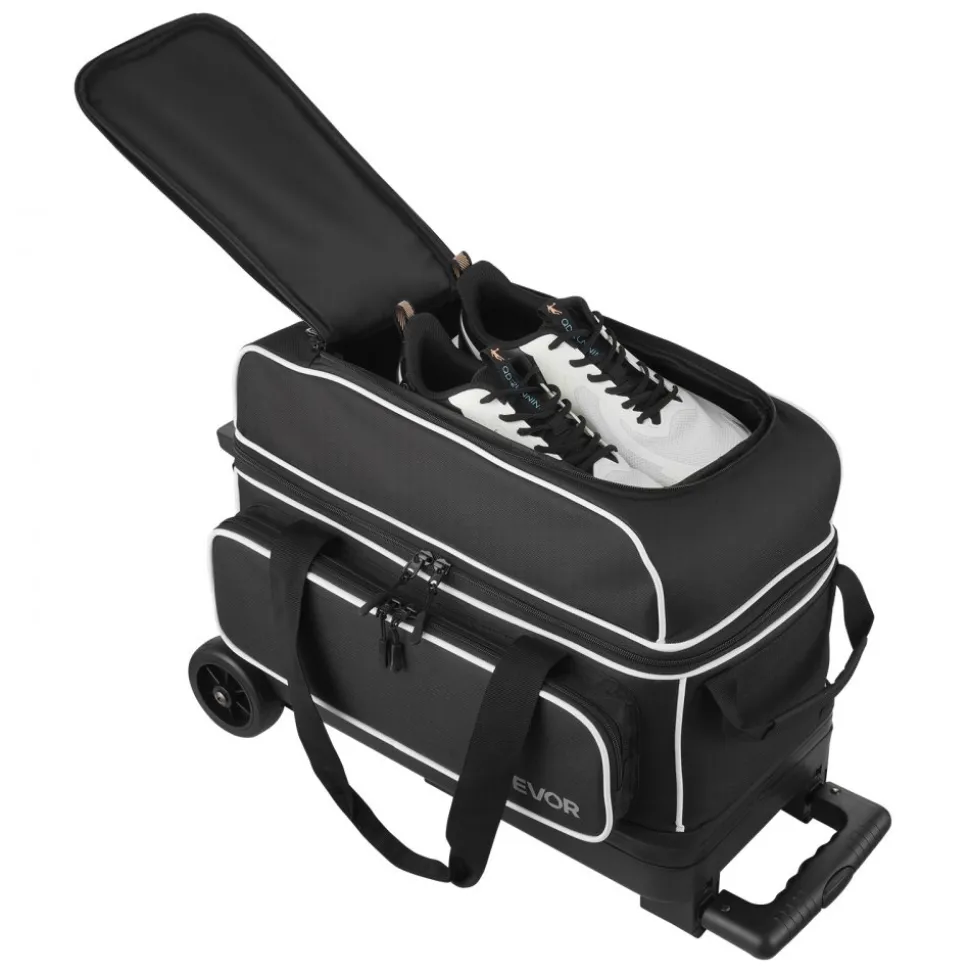 VEVOR Bowling Ball Bag, 2 Ball Double Roller Bowling Bag with Wheels, Featuring a Separate Compartment for Shoes (Up To US Size 16) & Oversized Accessory Pocket, Retractable Handle Extends to 41.32 in