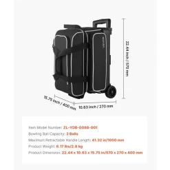VEVOR Bowling Ball Bag, 2 Ball Double Roller Bowling Bag with Wheels, Featuring a Separate Compartment for Shoes (Up To US Size 16) & Oversized Accessory Pocket, Retractable Handle Extends to 41.32 in