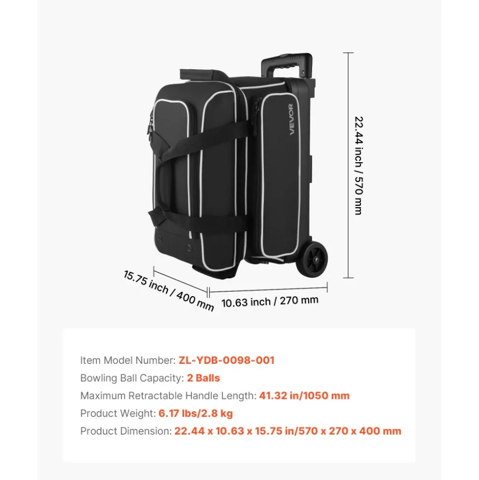 VEVOR Bowling Ball Bag, 2 Ball Double Roller Bowling Bag with Wheels, Featuring a Separate Compartment for Shoes (Up To US Size 16) & Oversized Accessory Pocket, Retractable Handle Extends to 41.32 in