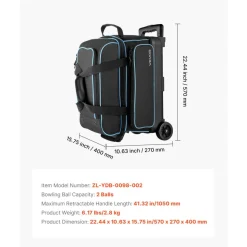 VEVOR Bowling Ball Bag, 2 Ball Double Roller Bowling Bag with Wheels, Featuring a Separate Compartment for Shoes (Up To US Size 16) & Oversized Accessory Pocket, Retractable Handle Extends to 41.32 in