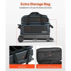 VEVOR Bowling Ball Bag, 2 Ball Double Roller Bowling Bag with Wheels, Featuring a Separate Compartment for Shoes (Up To US Size 16) & Oversized Accessory Pocket, Retractable Handle Extends to 41.32 in