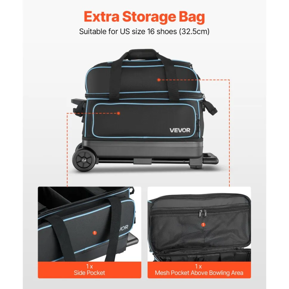 VEVOR Bowling Ball Bag, 2 Ball Double Roller Bowling Bag with Wheels, Featuring a Separate Compartment for Shoes (Up To US Size 16) & Oversized Accessory Pocket, Retractable Handle Extends to 41.32 in
