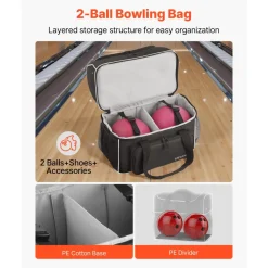 VEVOR Bowling Ball Bag, 2 Ball Four Roller Bowling Bag with Wheels, Featuring a Separate Compartment for Shoes (Up To US Size 16) & Oversized Accessory Pocket, Retractable Handle Extends to 37.4 in
