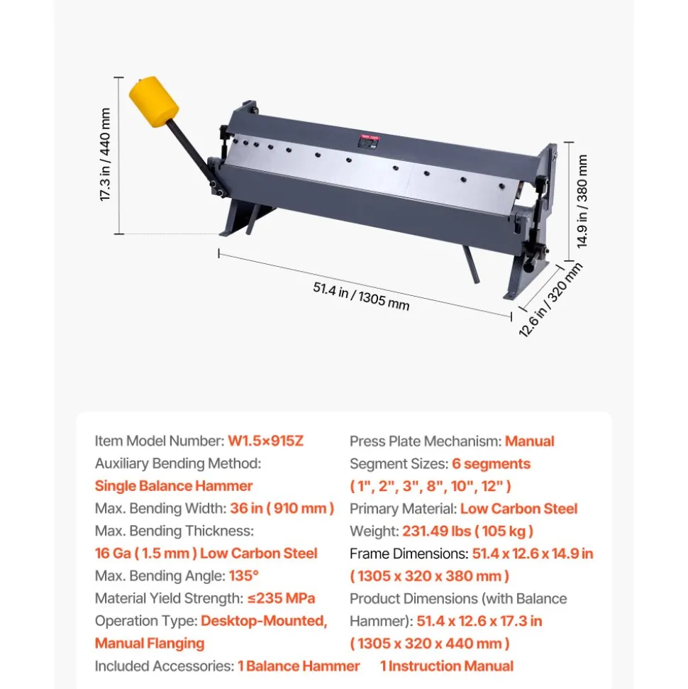 VEVOR Box and Pan Brake, 36 in Sheet Metal Bending Brake,16-Gauge Mild Steel Capacity, 0-135 Degree Adjustable, Metal Bender Machine with 6 Fingers, Heavy-Duty Aluminum Folder for Precise Bending