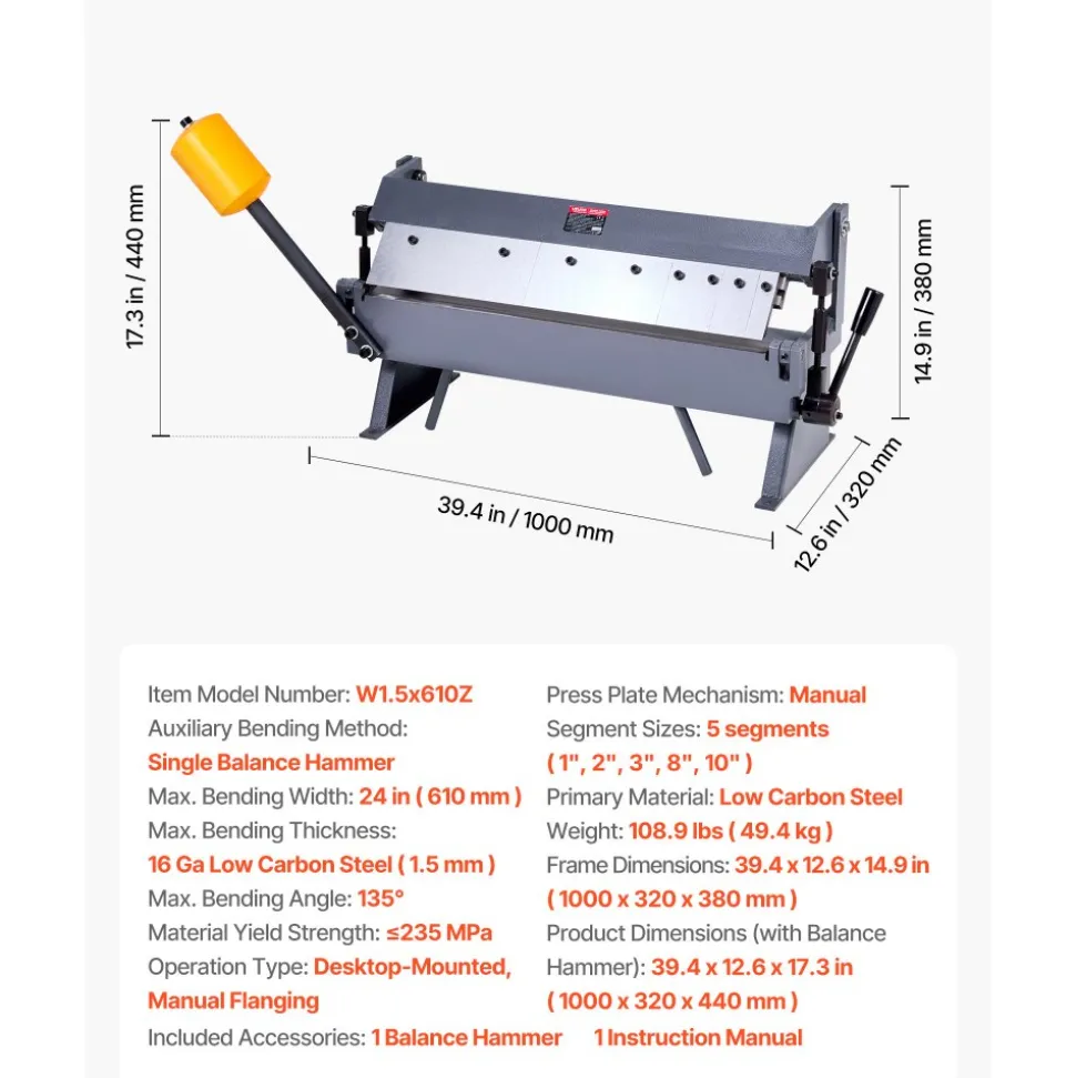 VEVOR Box and Pan Brake, 24 in Sheet Metal Bending Brake,16-Gauge Mild Steel Capacity, 0-135 Degree Adjustable, Metal Bender Machine with 5 Fingers, Heavy-Duty Aluminum Folder for Precise Bending