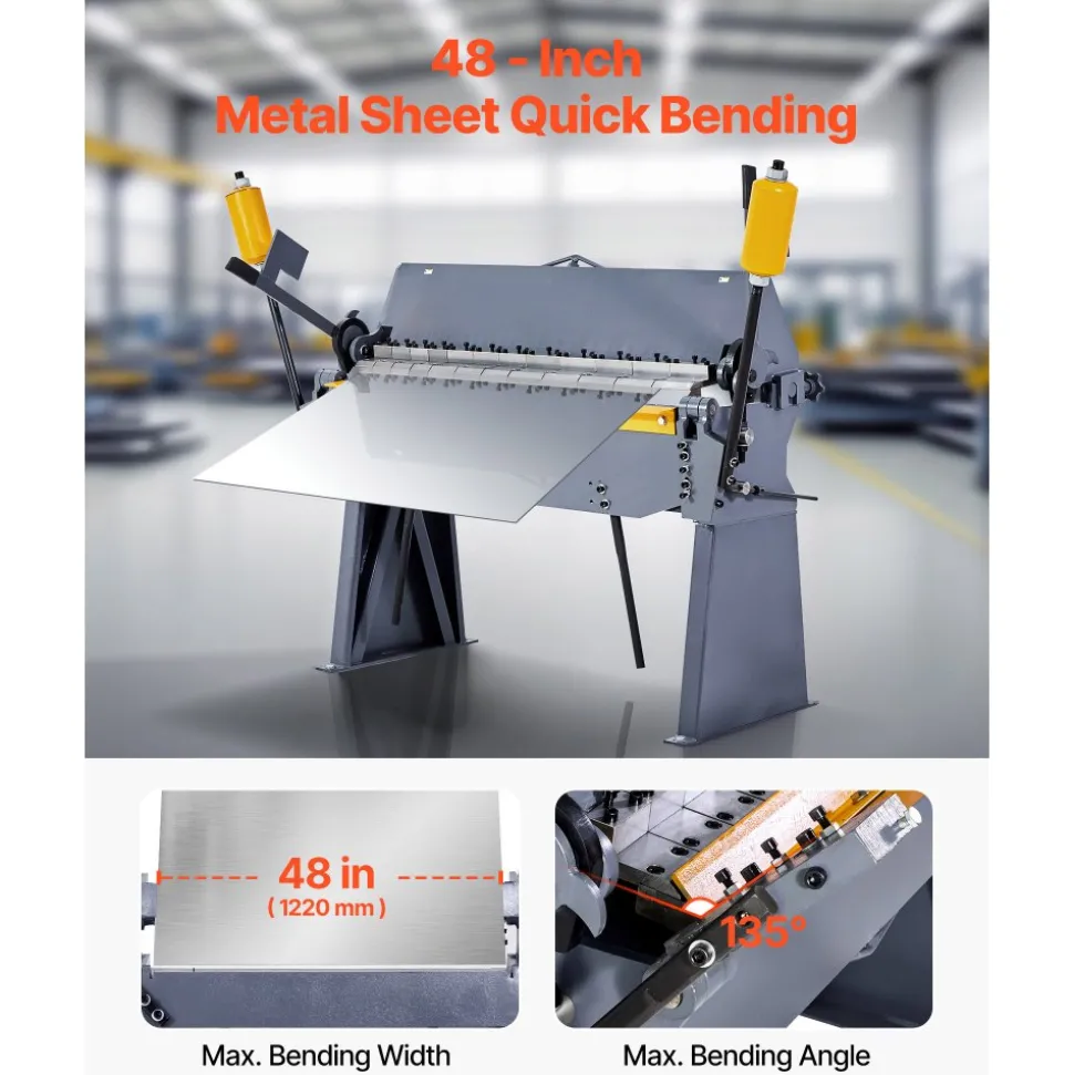 VEVOR Box and Pan Brake, 48 in Sheet Metal Bending Brake, 12-Gauge Mild Steel Capacity, 0-135 Degree Adjustable, Metal Bender Machine with 8 Fingers, Heavy-Duty Aluminum Folder for Precise Bending