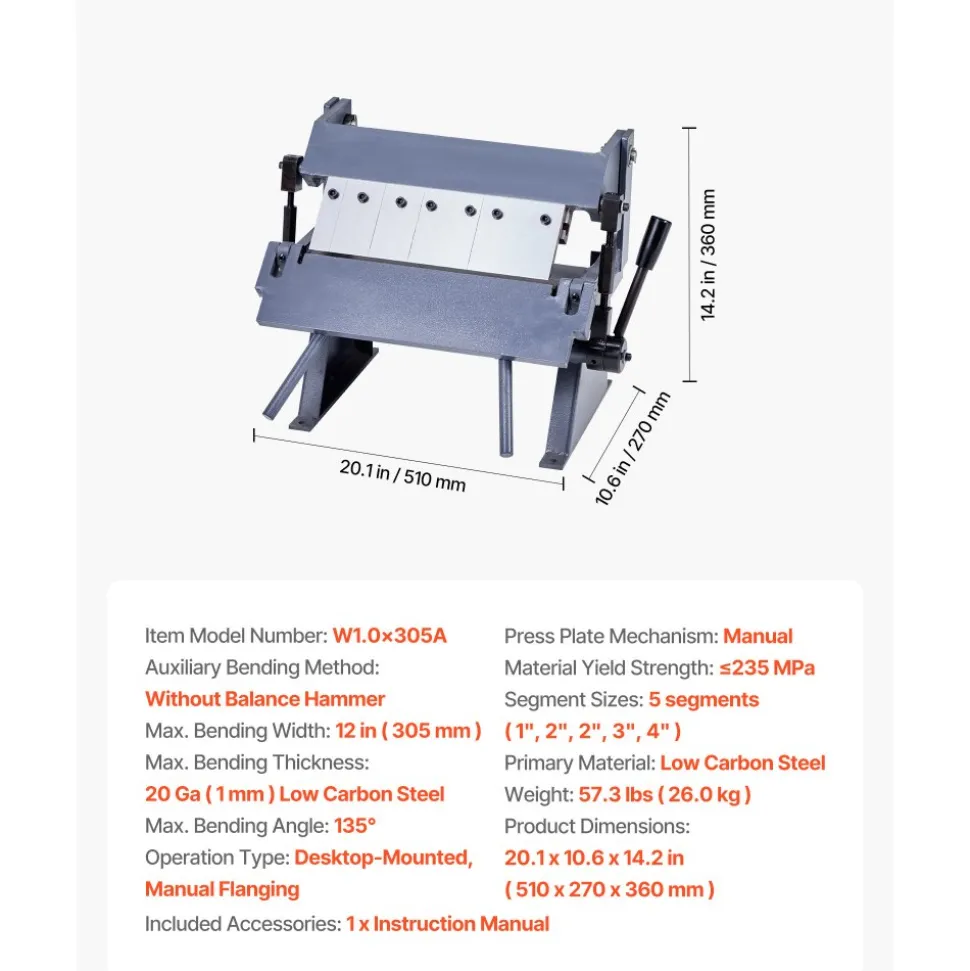 VEVOR Box and Pan Brake, 12 in Sheet Metal Bending Brake, 20-Gauge Mild Steel Capacity, 0-135 Degree Adjustable, Metal Bender Machine with 5 Fingers, Heavy-Duty Aluminum Folder for Precise Bending