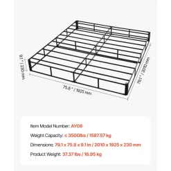 VEVOR Box Spring, King Size Bed Frame with Washable Fabric Cloth, Heavy Duty Metal Frame for King Bed, 9.1 in Mattress Foundation, 3500 lbs Max Weight Capacity, Easy Assembly, 79.1 x 75.8 x 9.1 in