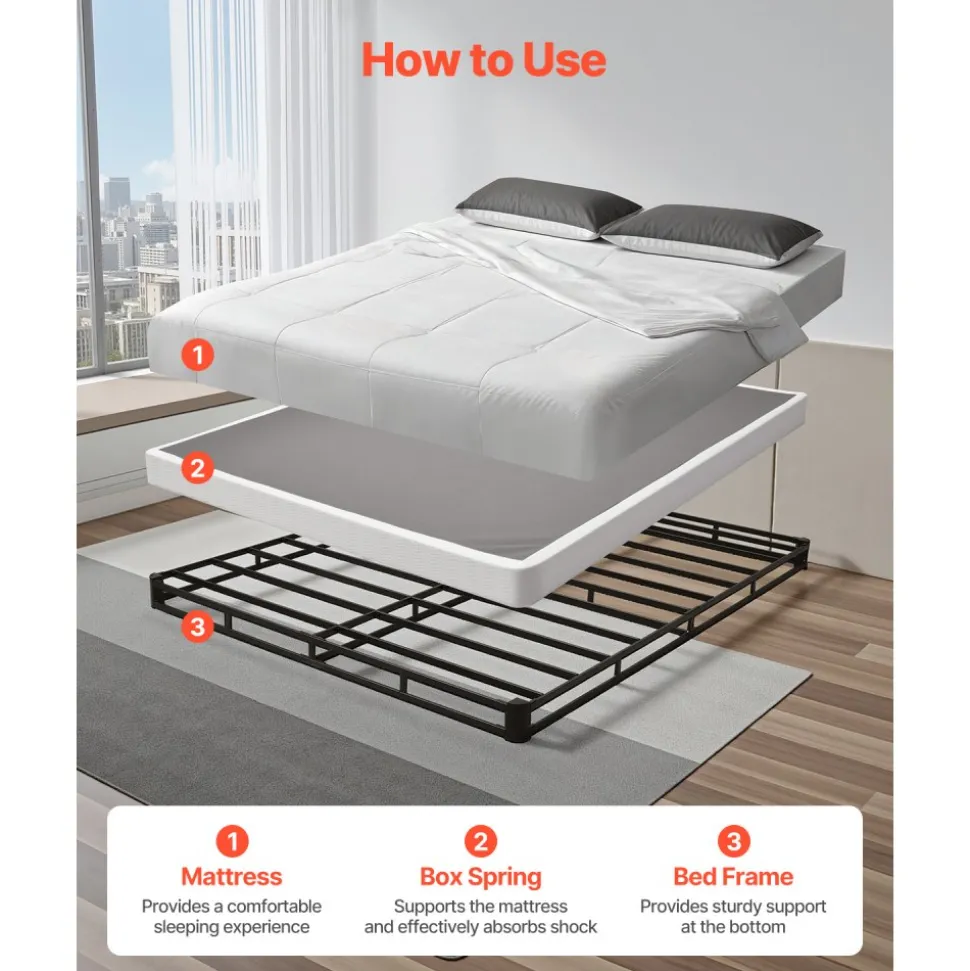 VEVOR Box Spring, Queen Size Bed Frame with Washable Fabric Cloth, Heavy Duty Metal Frame for Queen Bed, 4 in Mattress Foundation, 3500 lbs Max Weight Capacity, Easy Assembly, 79.1 L x 59.4 W x 4 H in