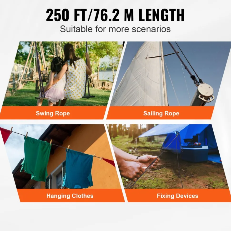 VEVOR Braided Nylon Cord, 3/16 inch by 250 feet, 32-Strand Design, 720 LBS Tensile Strength, Multi-Purpose Black Rope for Outdoor, Tree Work, Hiking, Swinging, and Rescue Operations
