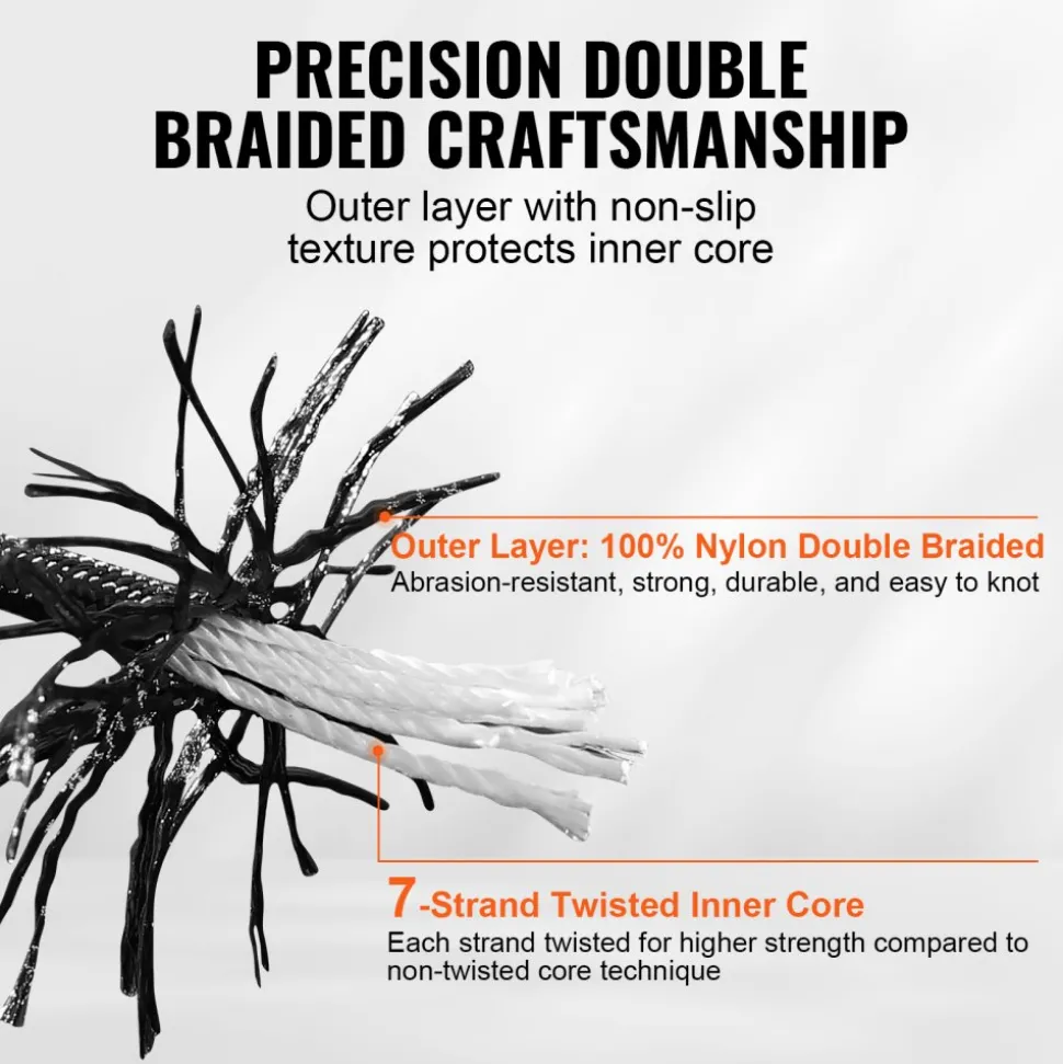 VEVOR Braided Nylon Cord, 3/16 inch by 250 feet, 32-Strand Design, 720 LBS Tensile Strength, Multi-Purpose Black Rope for Outdoor, Tree Work, Hiking, Swinging, and Rescue Operations