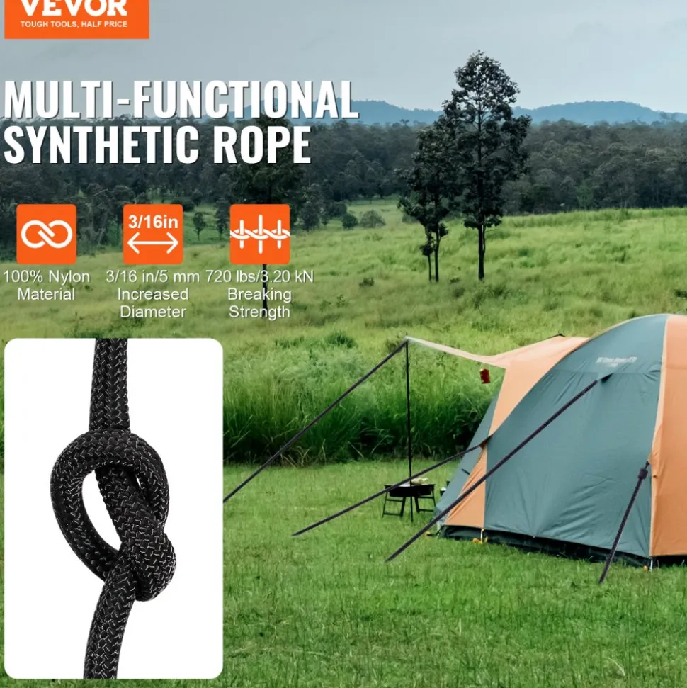 VEVOR Braided Nylon Cord, 3/16 inch by 250 feet, 32-Strand Design, 720 LBS Tensile Strength, Multi-Purpose Black Rope for Outdoor, Tree Work, Hiking, Swinging, and Rescue Operations