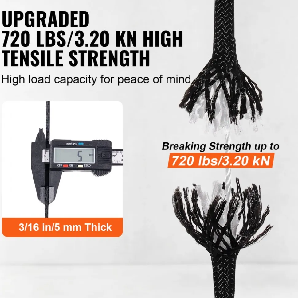 VEVOR Braided Nylon Cord, 3/16 inch by 250 feet, 32-Strand Design, 720 LBS Tensile Strength, Multi-Purpose Black Rope for Outdoor, Tree Work, Hiking, Swinging, and Rescue Operations