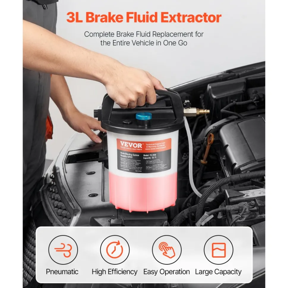 VEVOR Brake Bleeder Kit, 3L Brake Fluid Extractor with 1L Siphon Refilling Bottle & 13 Hose Connectors, Complete Brake Fluid Bleeder Kit with Extended Silicone Hose & Handle, Fit for Most Vehicles