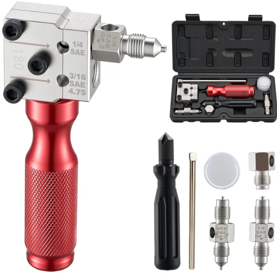 VEVOR Brake Line Flaring Tool Kit, 45° Single & Double Flare Tool for 3/16", 1/4" Copper Tubing - with 2 Forming Dies, Deburring Tool & Toolbox for Automotive Brake Hydraulic Line Repair