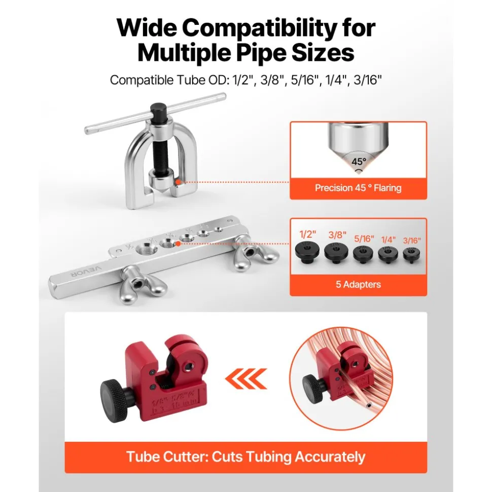 VEVOR 3/16" Brake Line Repair Kit, 45° Double & Single Brake Line Flaring Tool Kit, 25FT Copper Coated Brake Line (with 16 Fittings & 4 Unions) - Tube Cutter, 5 Adapters and Toolbox Included