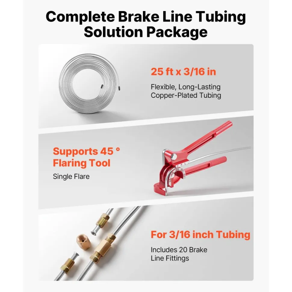 VEVOR 3/16" Brake Line Repair Kit, 45° Single Brake Line Flaring Tool Kit, 25FT Copper-Coated Brake Line with 20 Fittings & 2 Unions, 3-in-1 Tube Bender (1/4", 5/16", 3/8"), Tube Cutter Included