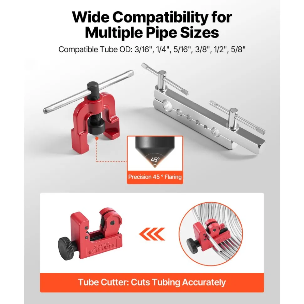 VEVOR 3/16" Brake Line Repair Kit, 45° Single Brake Line Flaring Tool Kit, 25FT Copper-Coated Brake Line with 20 Fittings & 2 Unions, 3-in-1 Tube Bender (1/4", 5/16", 3/8"), Tube Cutter Included