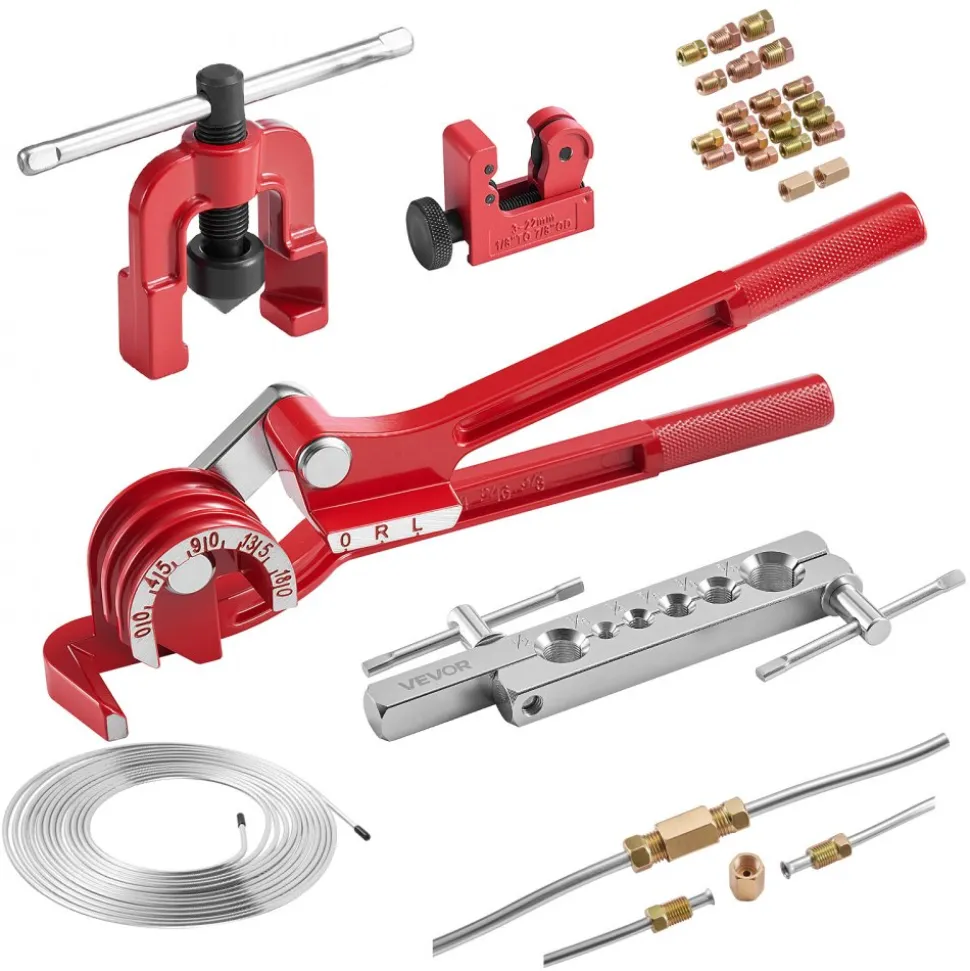 VEVOR 3/16" Brake Line Repair Kit, 45° Single Brake Line Flaring Tool Kit, 25FT Copper-Coated Brake Line with 20 Fittings & 2 Unions, 3-in-1 Tube Bender (1/4", 5/16", 3/8"), Tube Cutter Included
