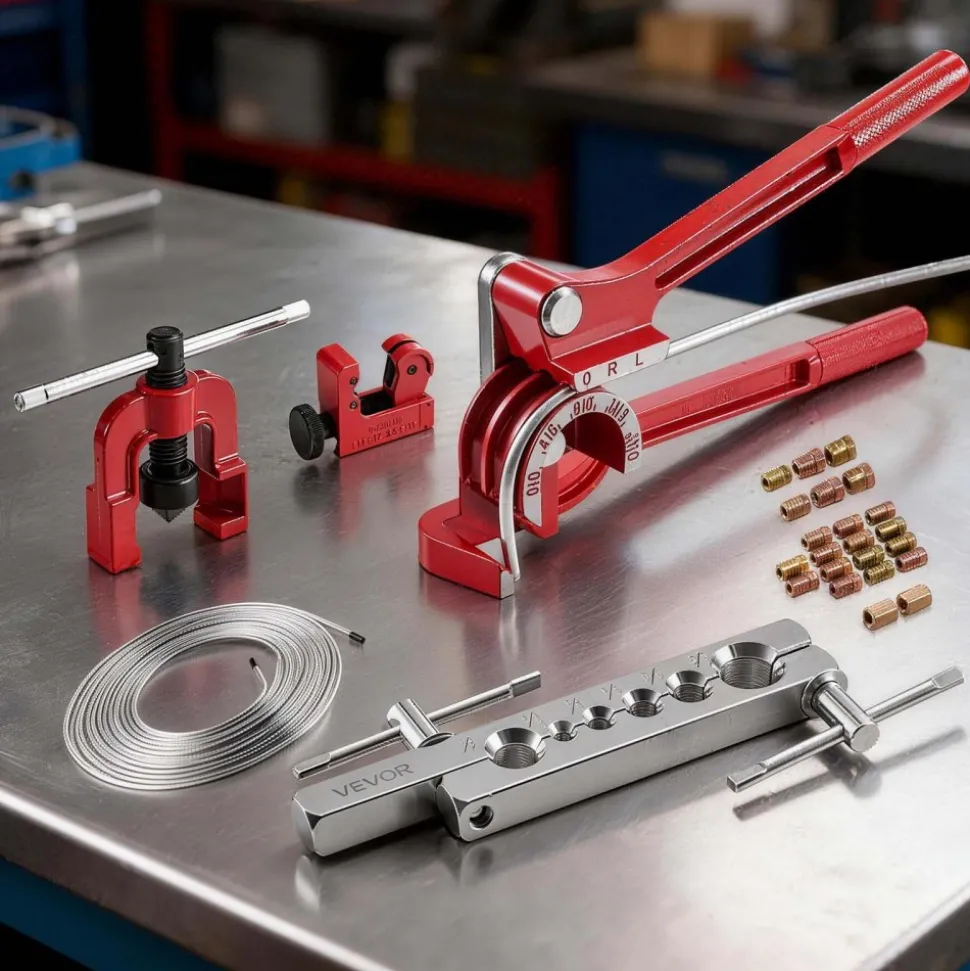 VEVOR 3/16" Brake Line Repair Kit, 45° Single Brake Line Flaring Tool Kit, 25FT Copper-Coated Brake Line with 20 Fittings & 2 Unions, 3-in-1 Tube Bender (1/4", 5/16", 3/8"), Tube Cutter Included