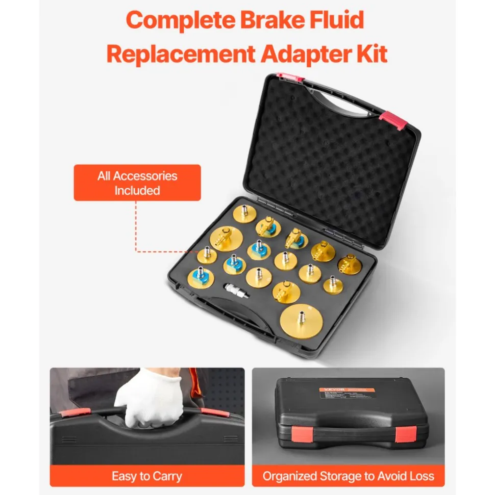 VEVOR Brake Master Bleeder Kit, 17 Pcs, Professional Brake Bleeder Adapter Set with Complete Kit & Handle, Durable Brake Bleeder Adapter for Brake Fluid Filling Fit for Most New & Old Vehicles