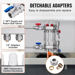 VEVOR 2-Branch Radiant Heat Manifold, 1/2" PEX Tubing Manifold, Stainless Steel PEX Manifold for Hydronic Radiant Floor Heating, Radiant Heat PEX Manifold Kit with 1/2" Adapters Included