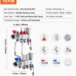 VEVOR 2-Branch Radiant Heat Manifold, 1/2