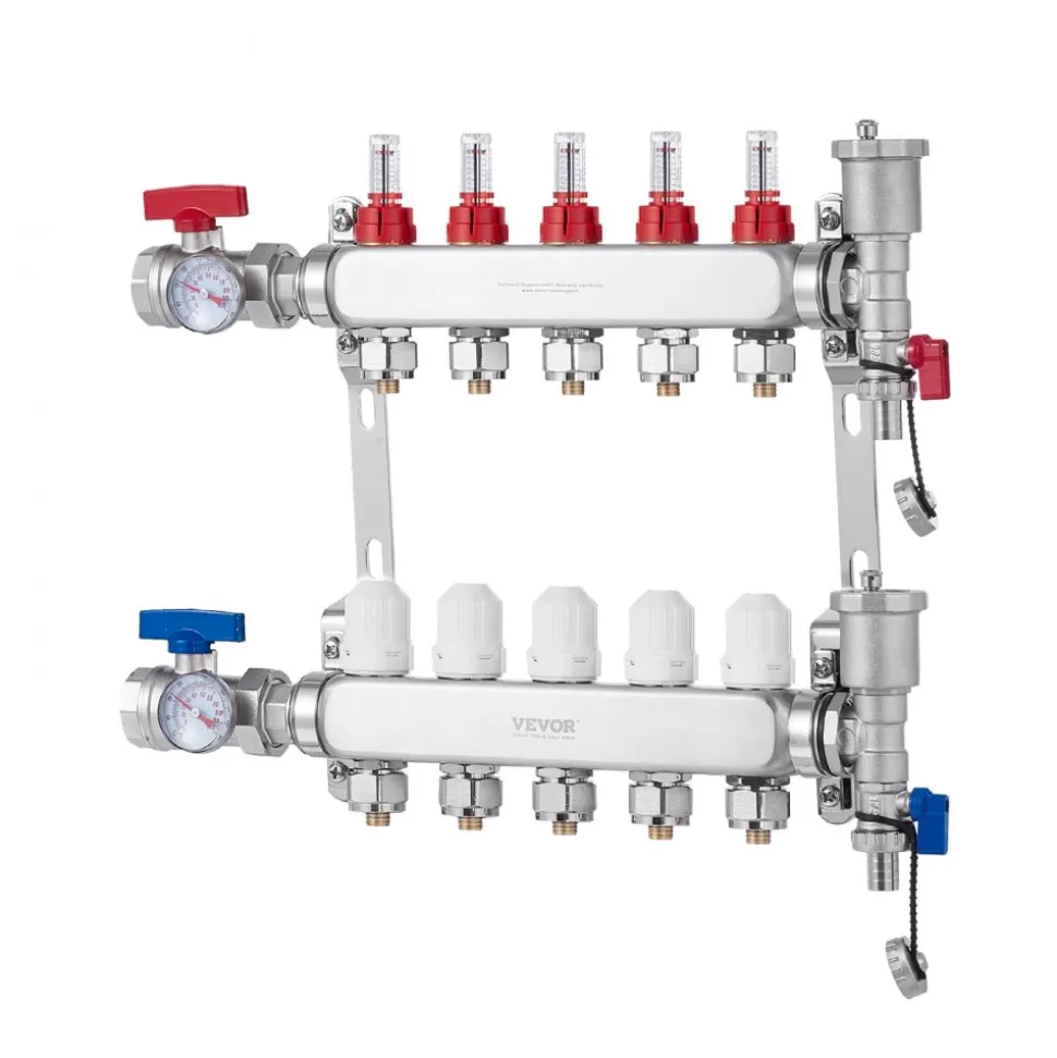 VEVOR 5-Branch Radiant Heat Manifold, 1/2" PEX Tubing Manifold, Stainless Steel PEX Manifold for Hydronic Radiant Floor Heating, Radiant Heat PEX Manifold Kit with 1/2" Adapters Included